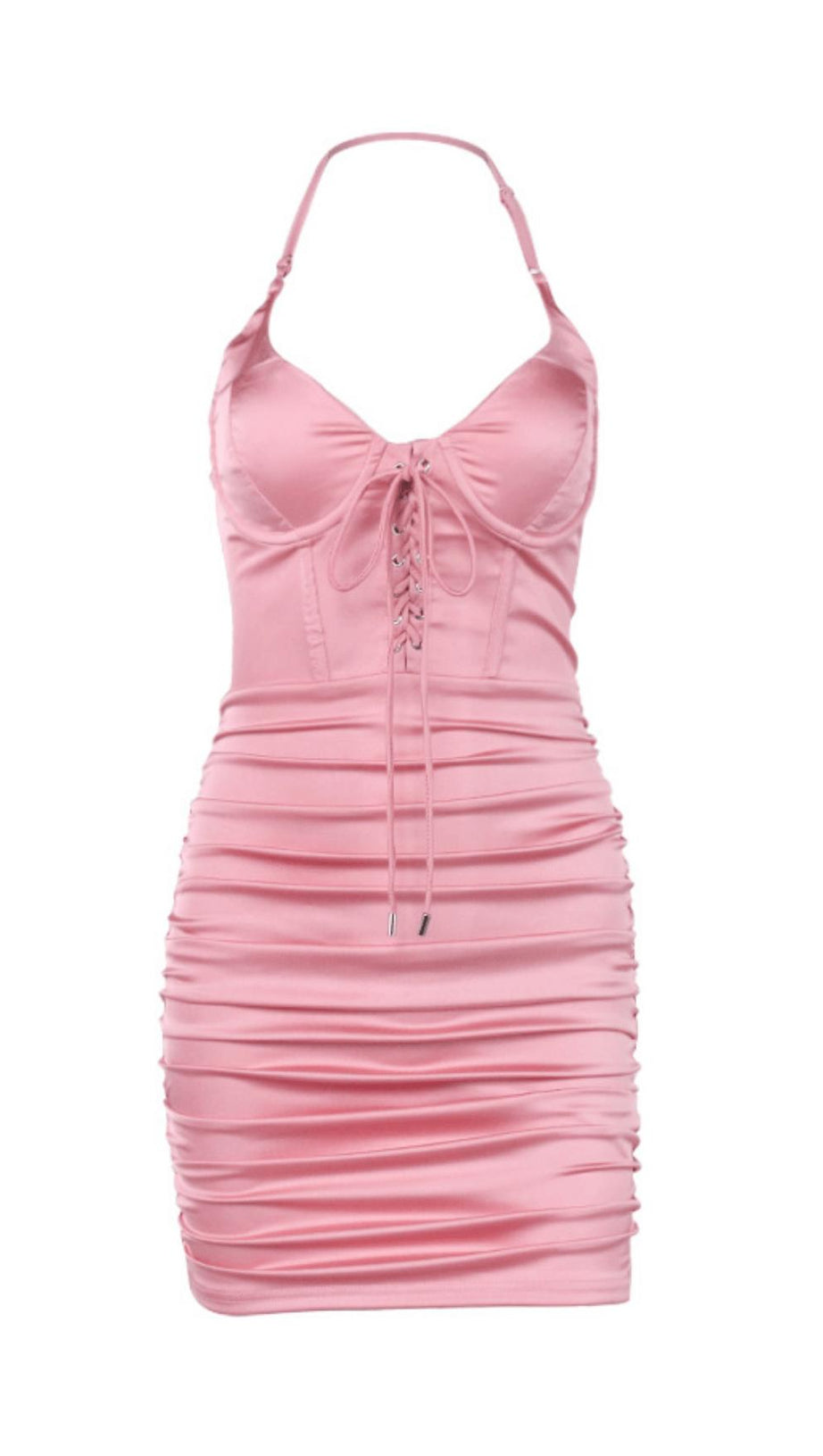 LACE-UP PLEATED HALTERNECK DRESS