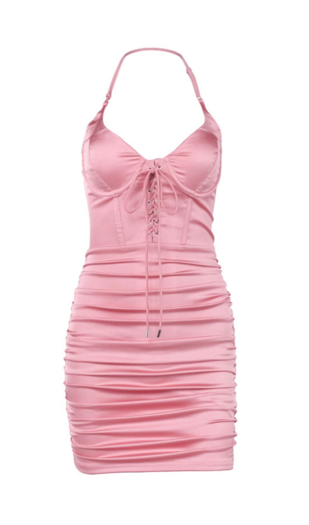 LACE-UP PLEATED HALTERNECK DRESS