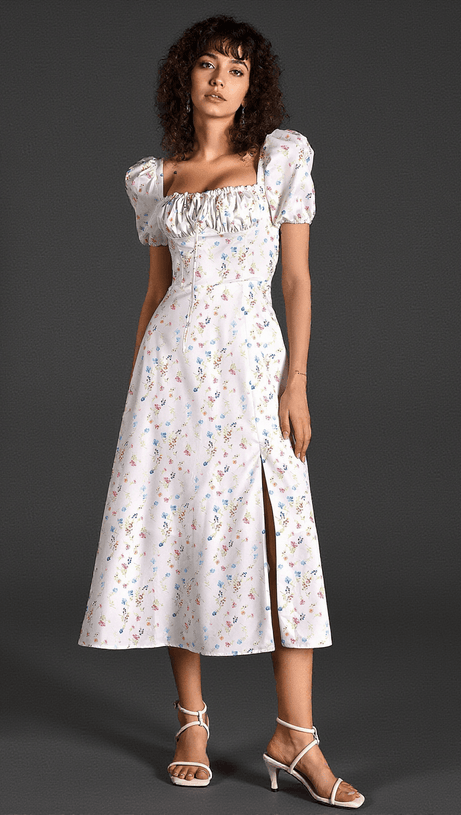 Diann – Geblümtes Kleid mit seitlichem Schlitz und Puffärmeln