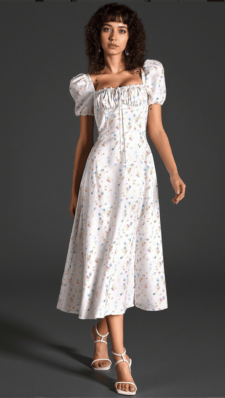 Diann – Geblümtes Kleid mit seitlichem Schlitz und Puffärmeln