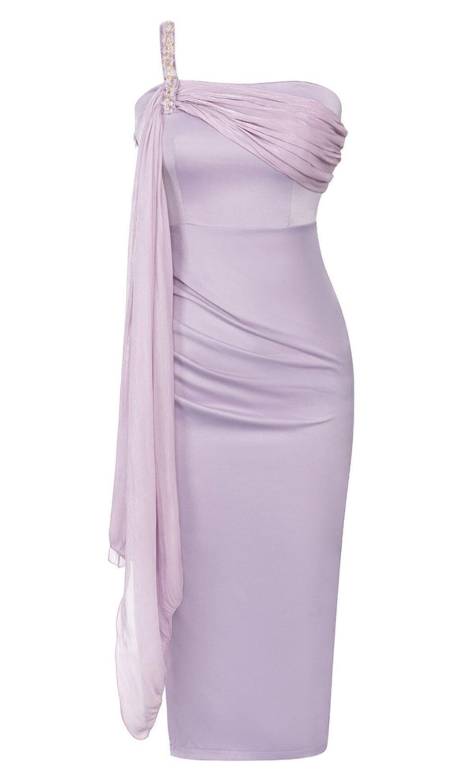 SATIN-MIDIKLEID AUS KRISTALL IN FLIEDERGRAU
