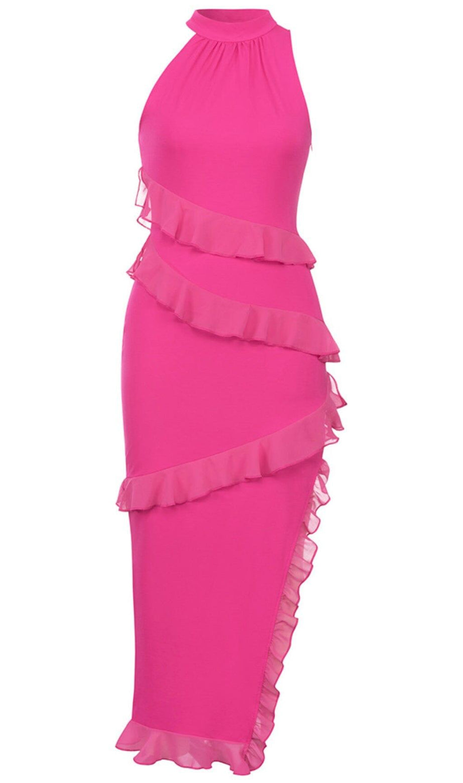 RUFFLE SPLIT MIDI DRESS IN STRONG MAGENTA