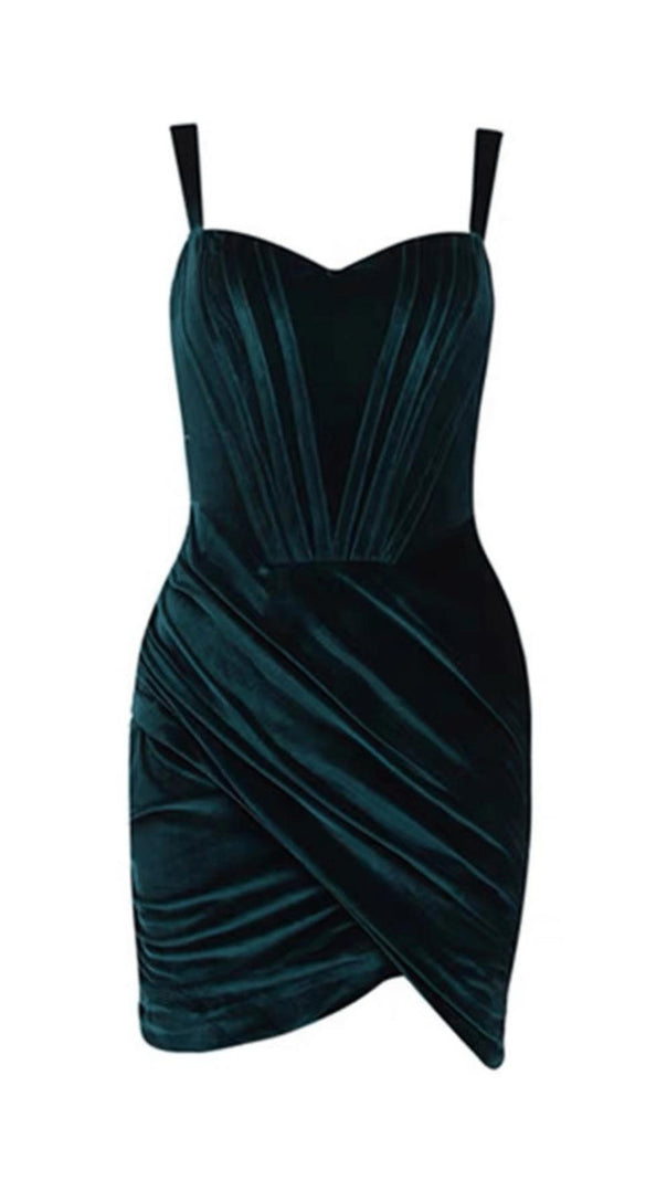 AIIZIE EMERALD VELVET RUCHED MINI DRESS - product image
