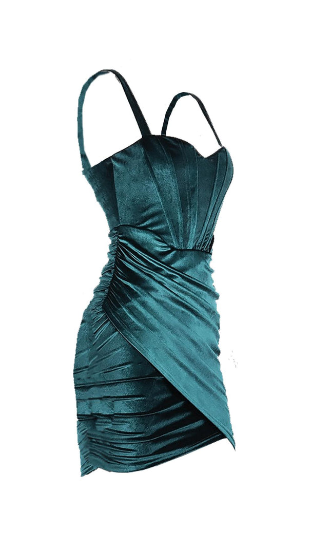 AIIZIE EMERALD VELVET RUCHED MINI DRESS - product image