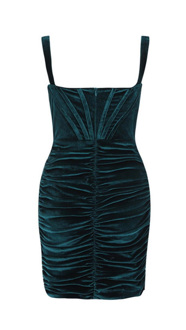 AIIZIE EMERALD VELVET RUCHED MINI DRESS - product image