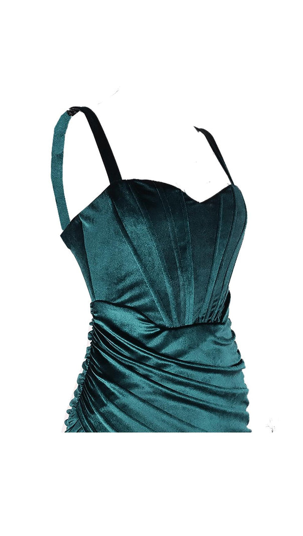 AIIZIE EMERALD VELVET RUCHED MINI DRESS - product image