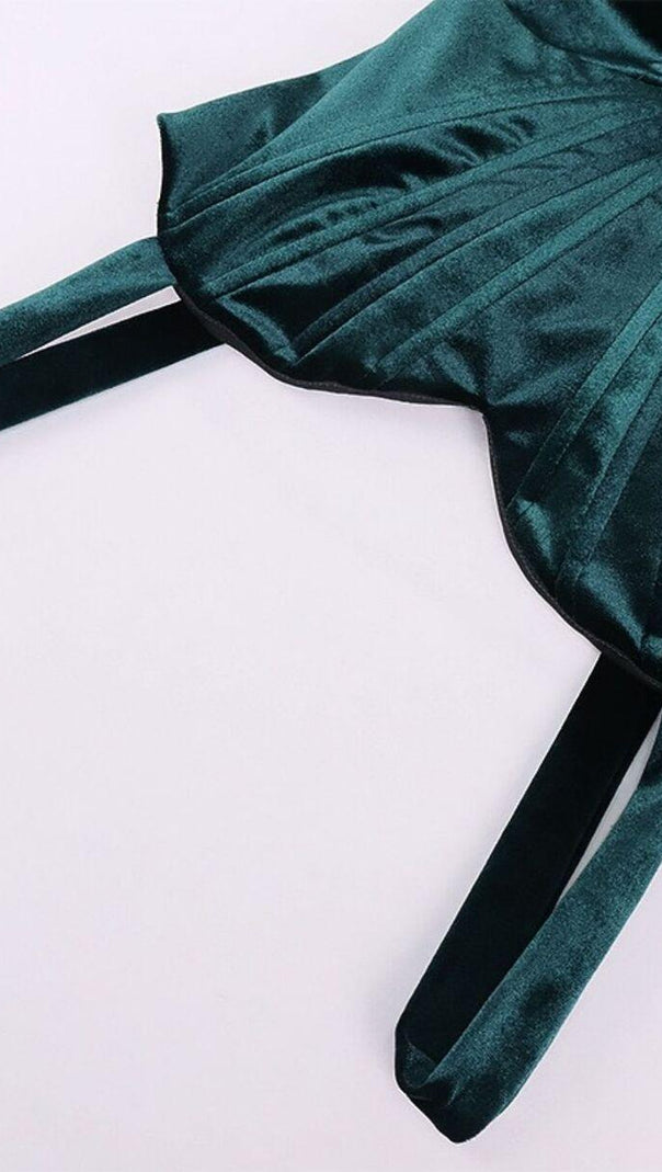AIIZIE EMERALD VELVET RUCHED MINI DRESS - product image