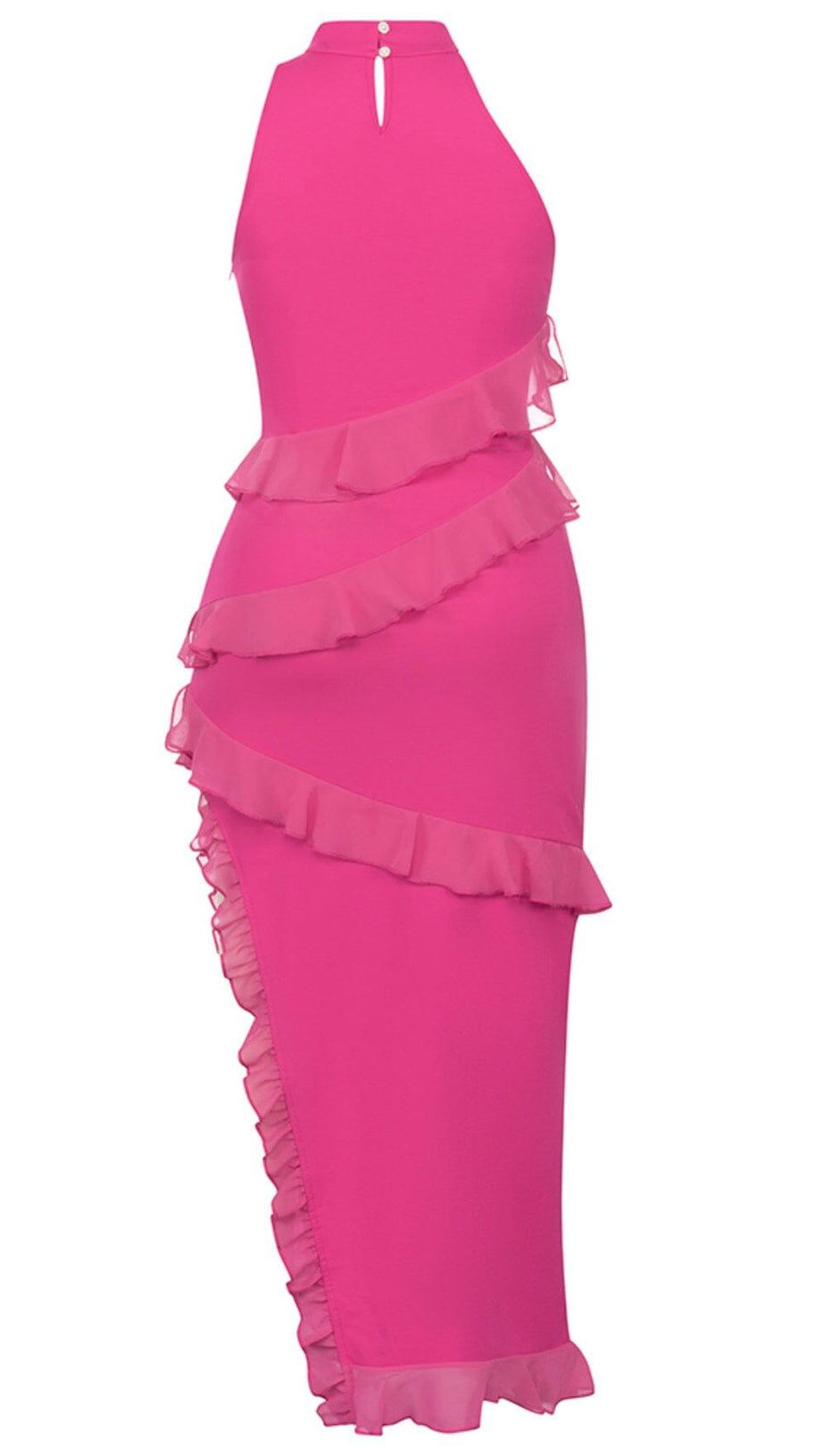 RUFFLE SPLIT MIDI DRESS IN STRONG MAGENTA
