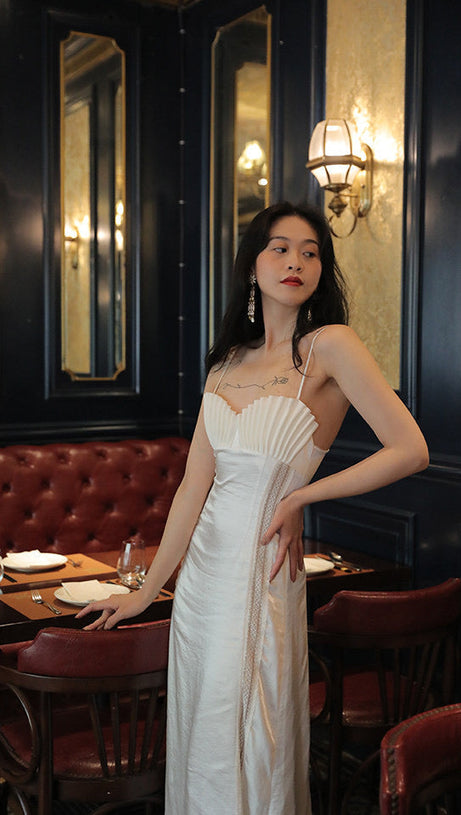 marjorie Shell Pleated Satin Midi Dress in white
