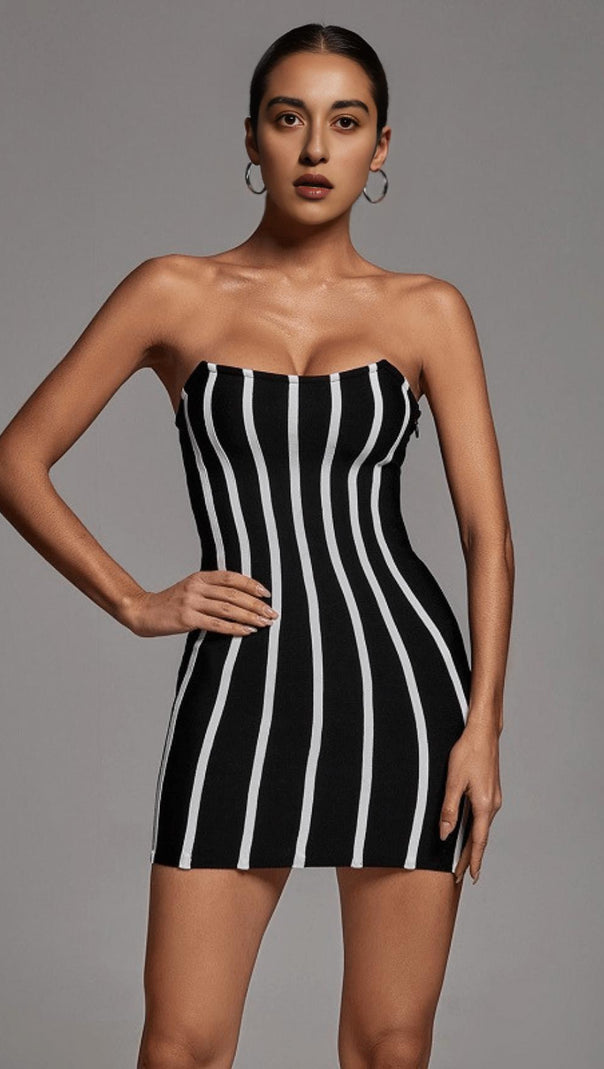 AIIZIE ZEBRA BLACK STRAPLESS FRENCH DRESS - product image