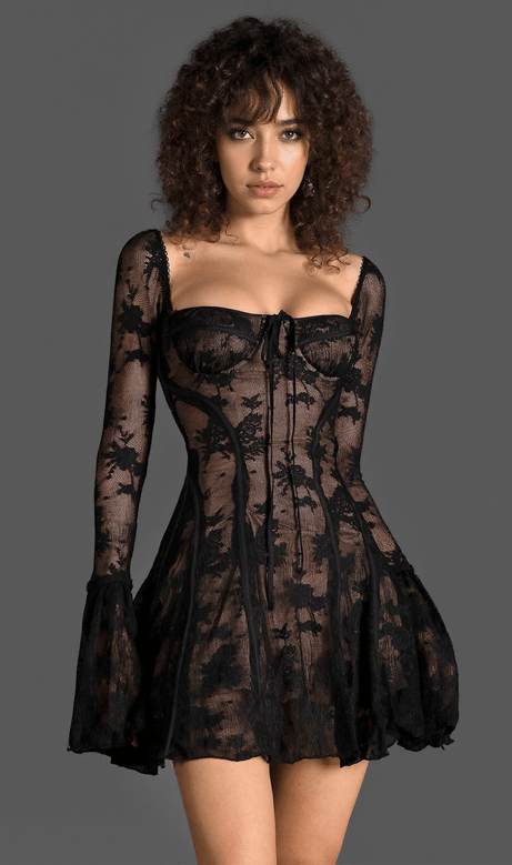 Milotis – Schwarzes Minikleid aus Spitze mit Glockenärmeln