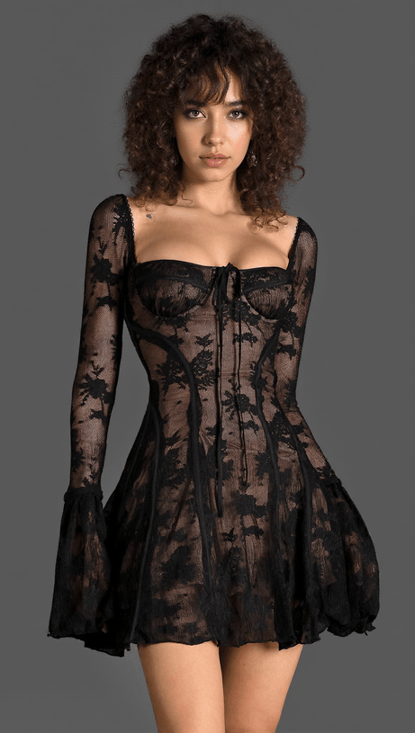 MILOTIS BELL SLEEVE LACE MINI DRESS IN BLACK