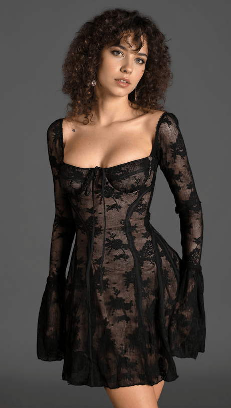 Milotis – Schwarzes Minikleid aus Spitze mit Glockenärmeln