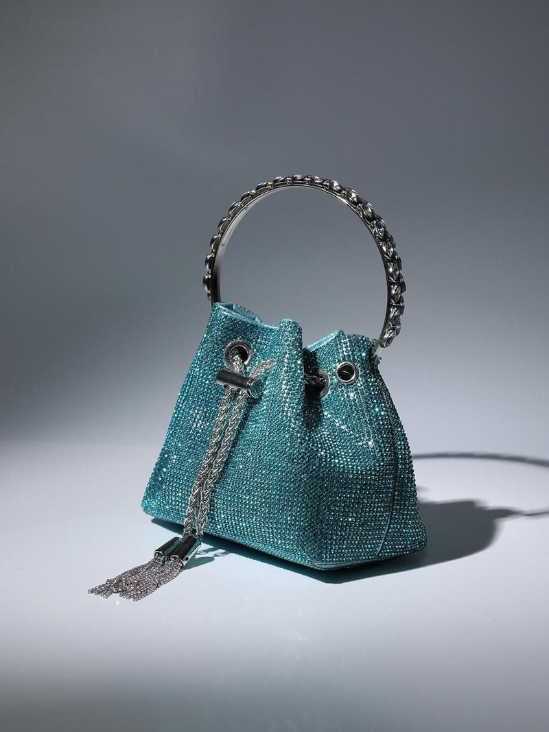 Mattea Crystal Embellished Bucket Bag In Blue