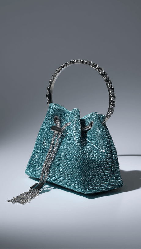 MATTEA CRYSTAL EMBELLISHED BUCKET BAG IN BLUE