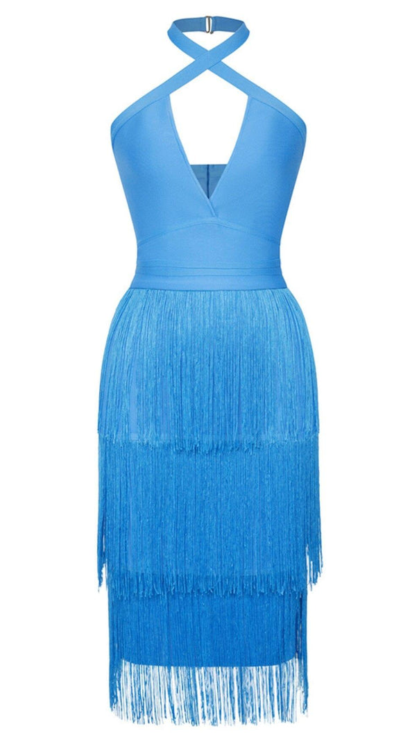 AIIZIE TASSEL HALTER BANAGE MIDI DRESS IN PURE BLUE - product image