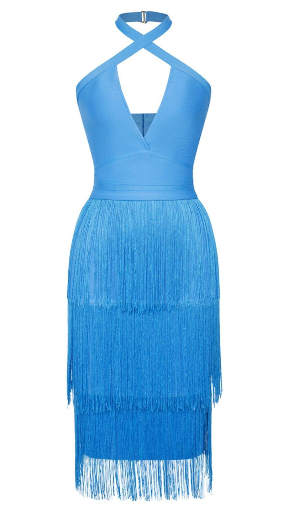 TASSEL HALTER BANAGE MIDI DRESS IN PURE BLUE