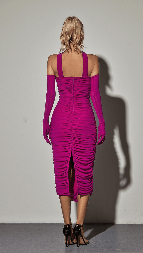AIIZIE ELSE MESH RUCHED SPLIT MIDI DRESS WITH GLOVES - product image