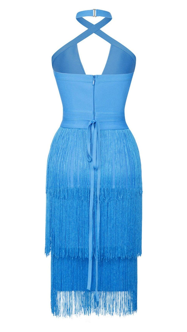 AIIZIE TASSEL HALTER BANAGE MIDI DRESS IN PURE BLUE - product image