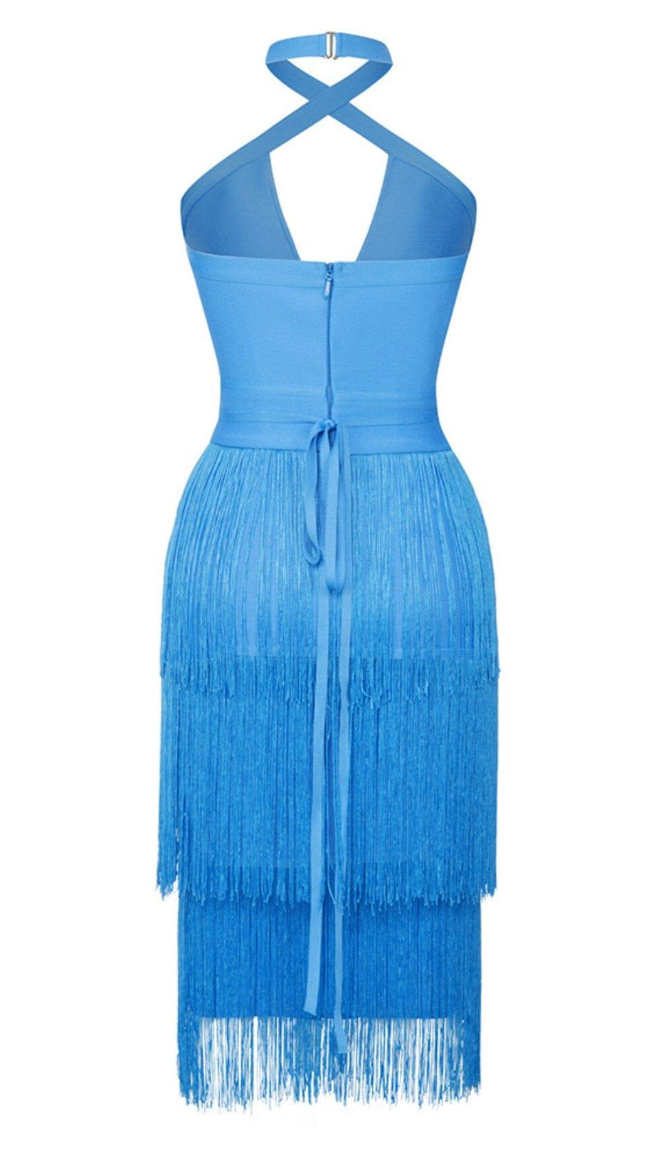 TASSEL HALTER BANAGE MIDI DRESS IN PURE BLUE