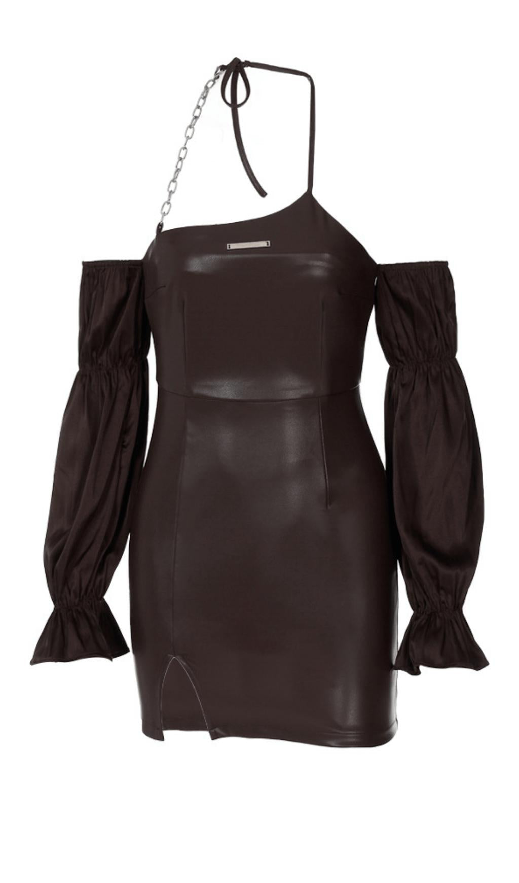 PUFF LEATHER SLEEVE DRESS