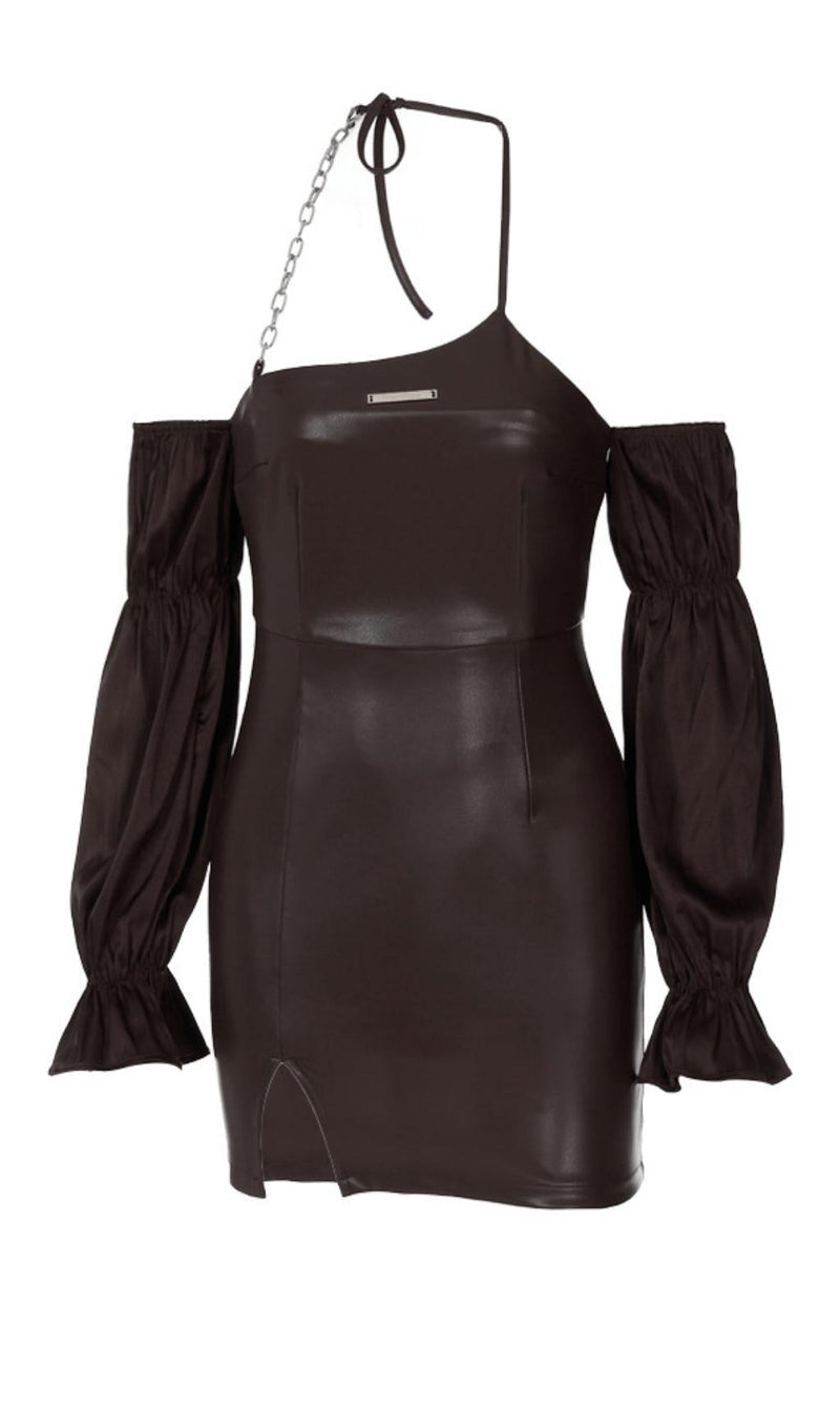 Puff leather sleeve dress