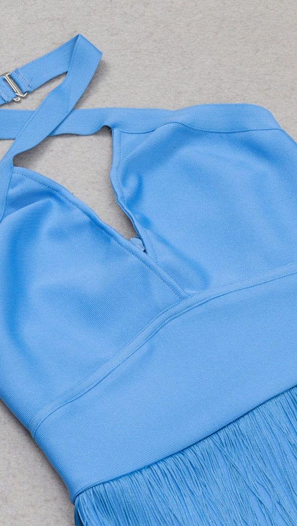 AIIZIE TASSEL HALTER BANAGE MIDI DRESS IN PURE BLUE - product image