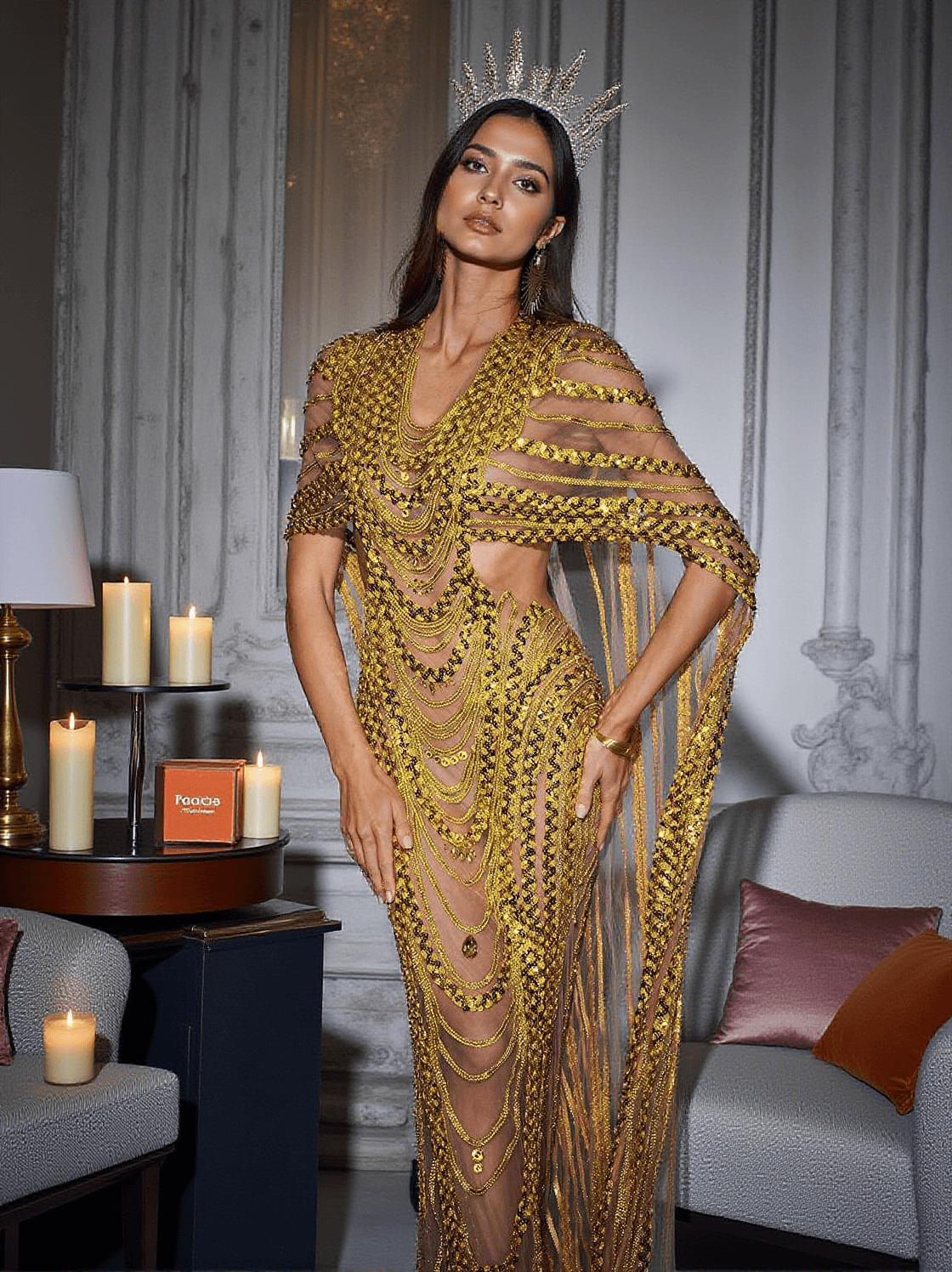 CHANA SEQUIN CRYSTAL MESH MAXI DRESS