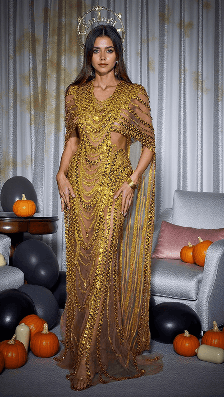 CHANA SEQUIN CRYSTAL MESH MAXI DRESS