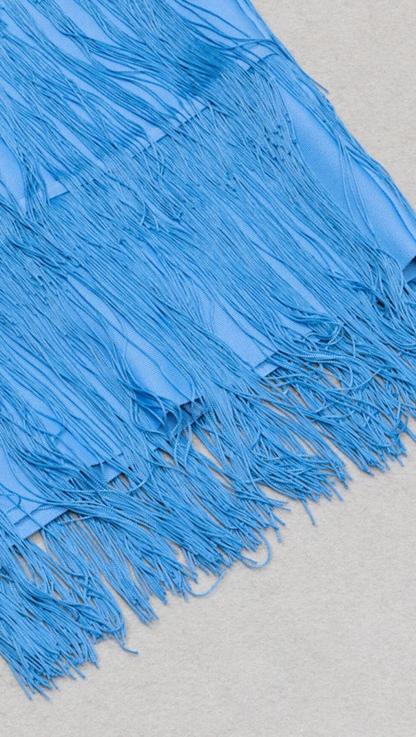 AIIZIE TASSEL HALTER BANAGE MIDI DRESS IN PURE BLUE - product image