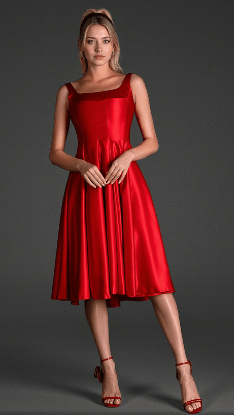 Filio – Rotes Satin-Patchworkkleid mit Trägern