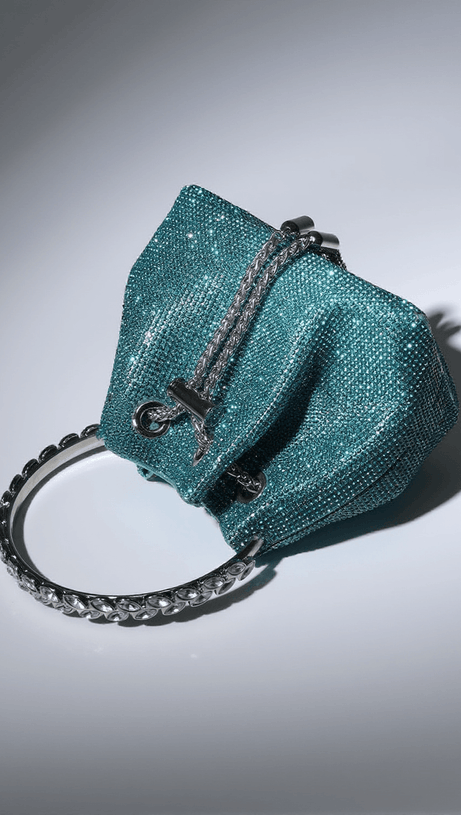 MATTEA CRYSTAL EMBELLISHED BUCKET BAG IN BLUE