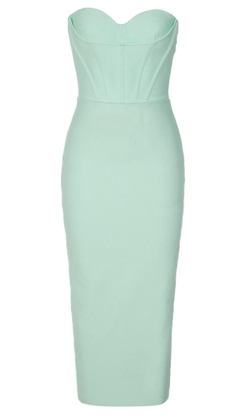 STRAPLESS CORSET MIDI DRESS IN SEAFOAM GREEN