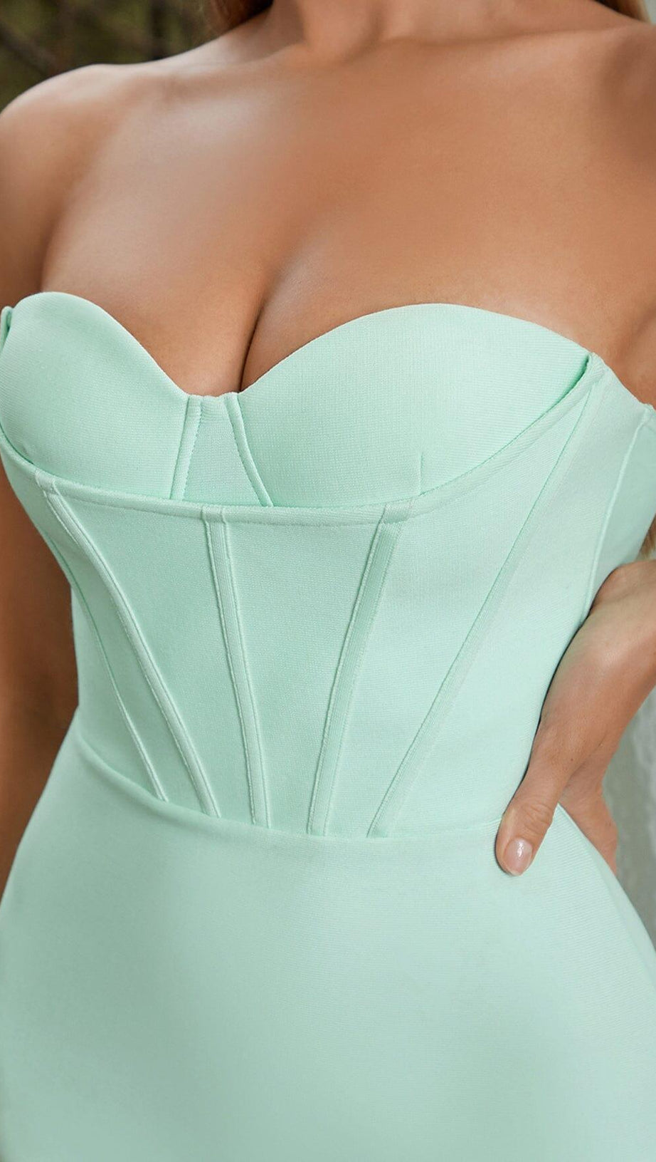 STRAPLESS CORSET MIDI DRESS IN SEAFOAM GREEN