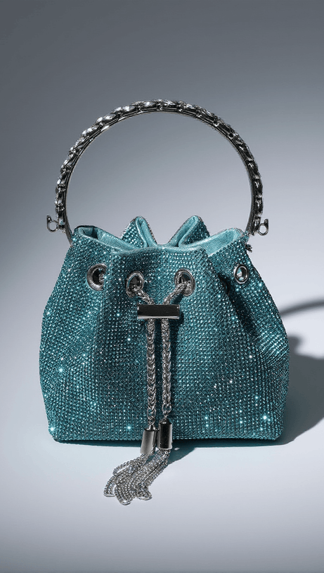 MATTEA CRYSTAL EMBELLISHED BUCKET BAG IN BLUE