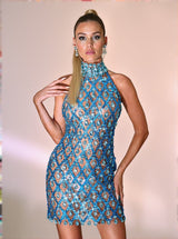 Liora Sequin Crystal Mini Dress In Blue