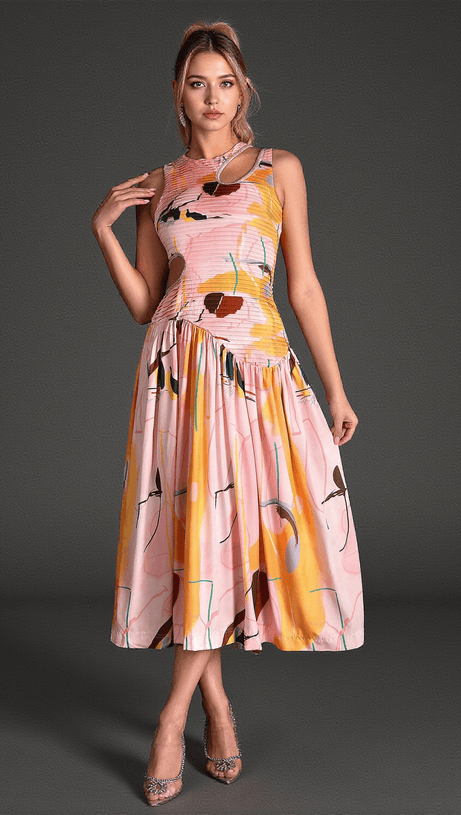SALLOULIS SLEEVELESS PRINT CUTOUT DRESS