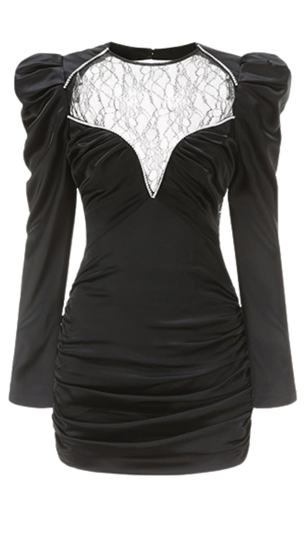 AIIZIE LACE V NECK LONG SLEEVE MINI DRESS IN BLACK - product image