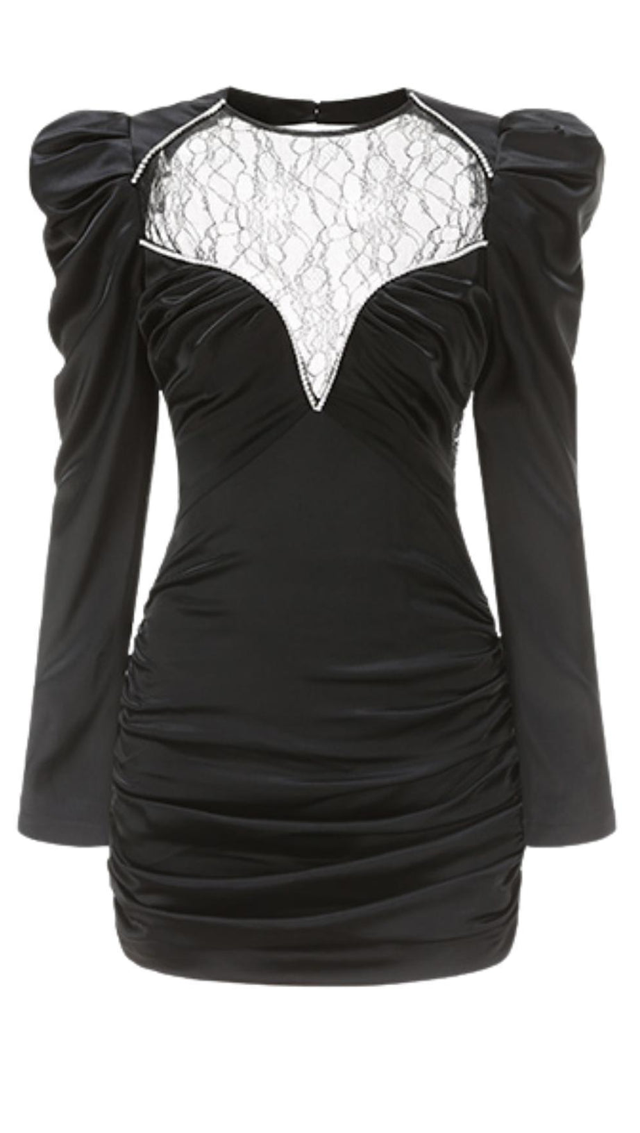 LACE V NECK LONG SLEEVE MINI DRESS IN BLACK