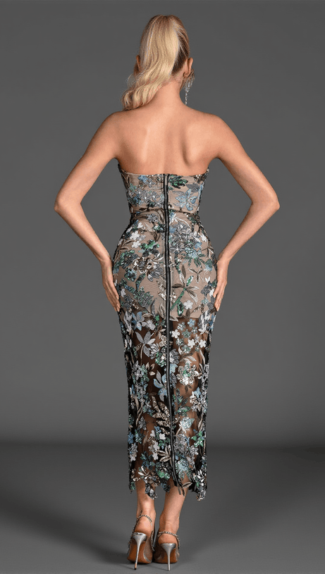 Neofytos – Schulterfreies Kleid mit bestickten Pailletten