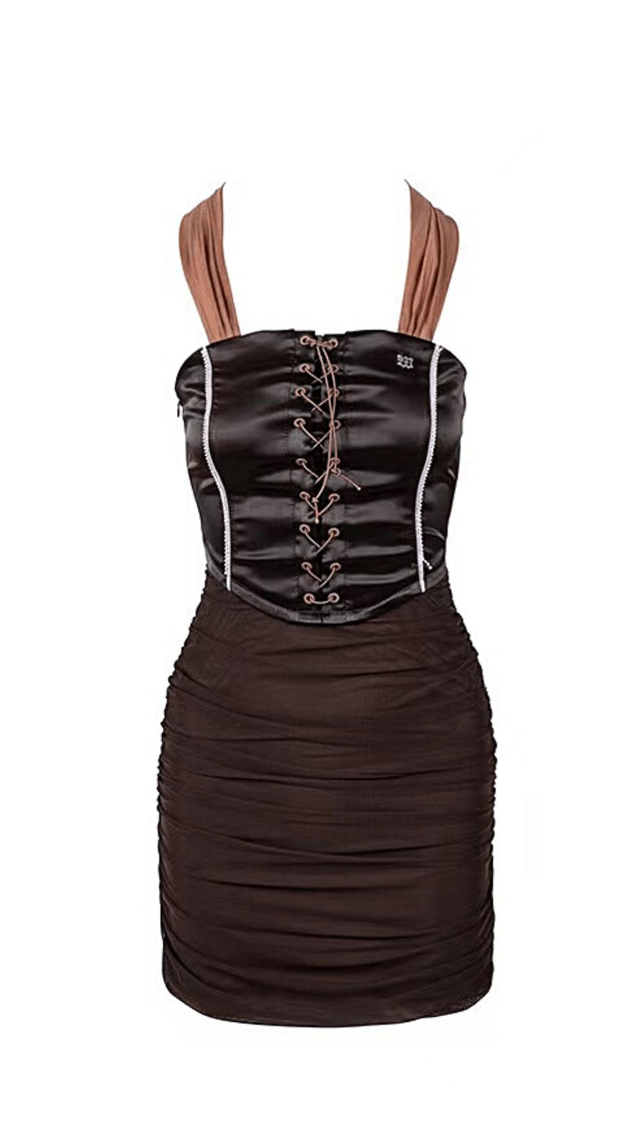 MESH PANELLING SATIN HALTERNECK DRESS.