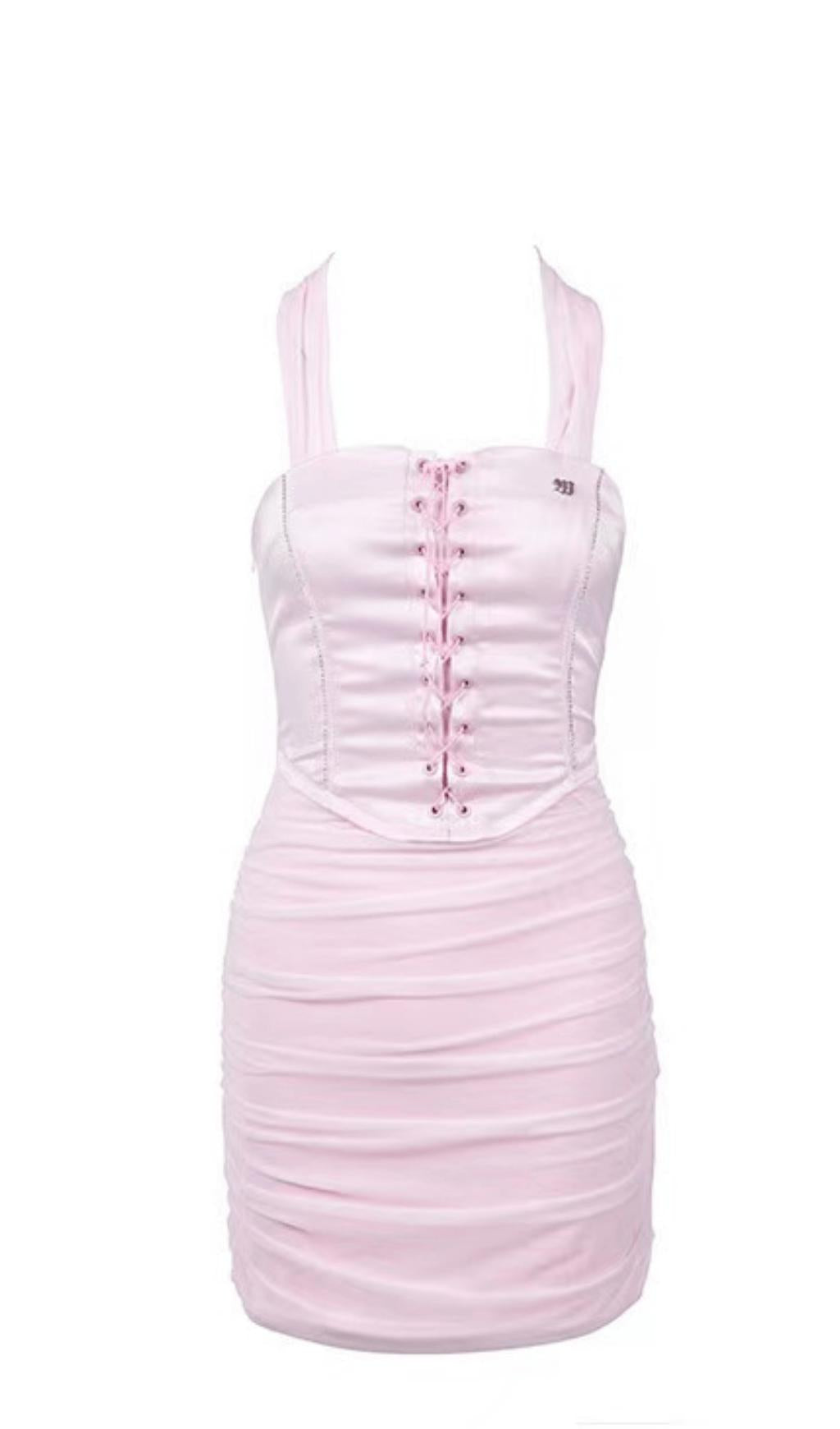 MESH PANELLING SATIN HALTERNECK DRESS.