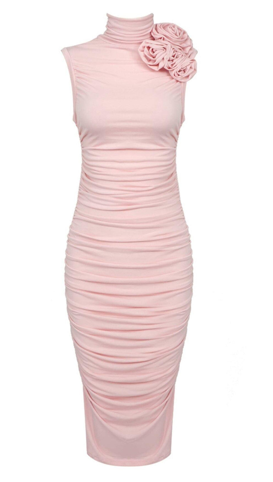 RUCHED APPLIQUÉD MIDI DRESS IN LIGHT PEACH