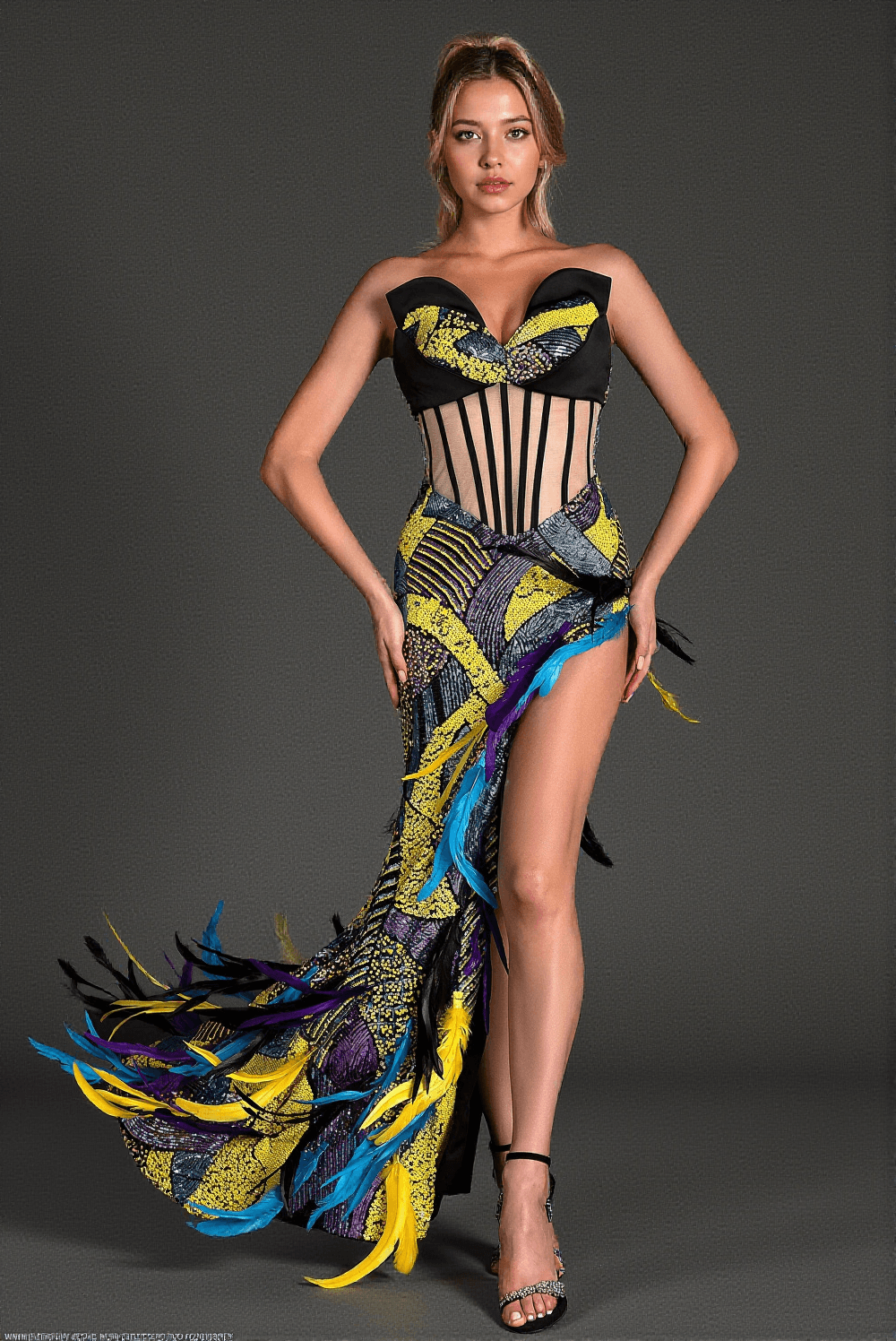 Minilis – Korsettkleid mit Federn und hohem Schlitz