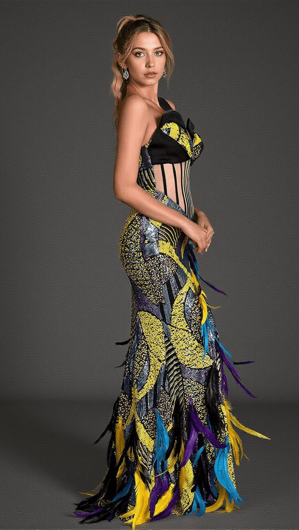 AIIZIE MINILIS CORSET FEATHER HIGH SLIT DRESS - product image