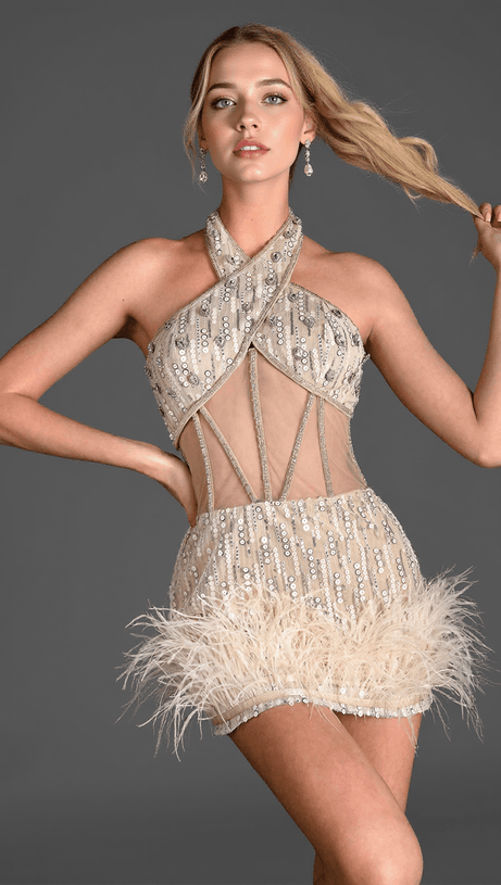 Tassiadi Neckholder-Kleid mit Strass- und Federmuster