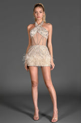 Tassiadi Halter Rhinestone Feather Dress