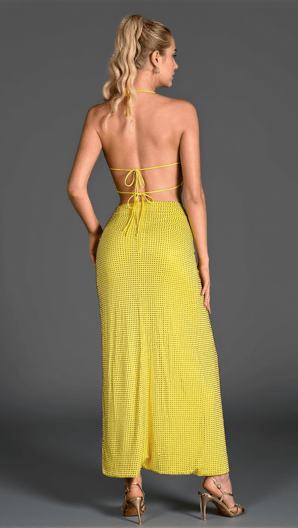 AIIZIE XENELI BACKLESS HALTER HIGH SLIT 2 PIECE SET IN YELLOW - product image