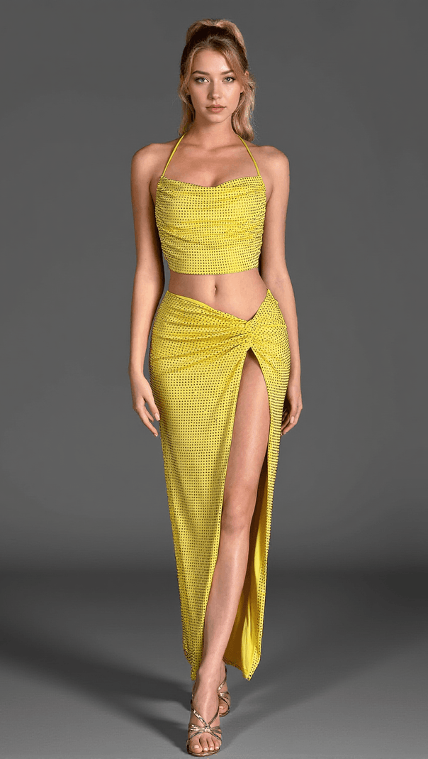 AIIZIE XENELI BACKLESS HALTER HIGH SLIT 2 PIECE SET IN YELLOW - product image