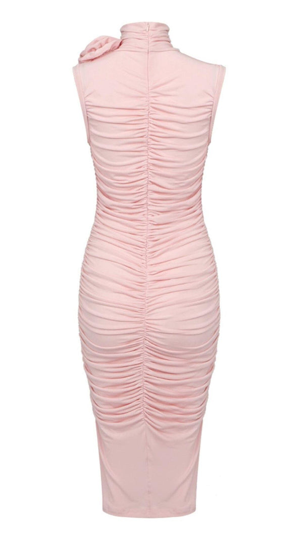 AIIZIE RUCHED APPLIQUÉD MIDI DRESS IN LIGHT PEACH - product image